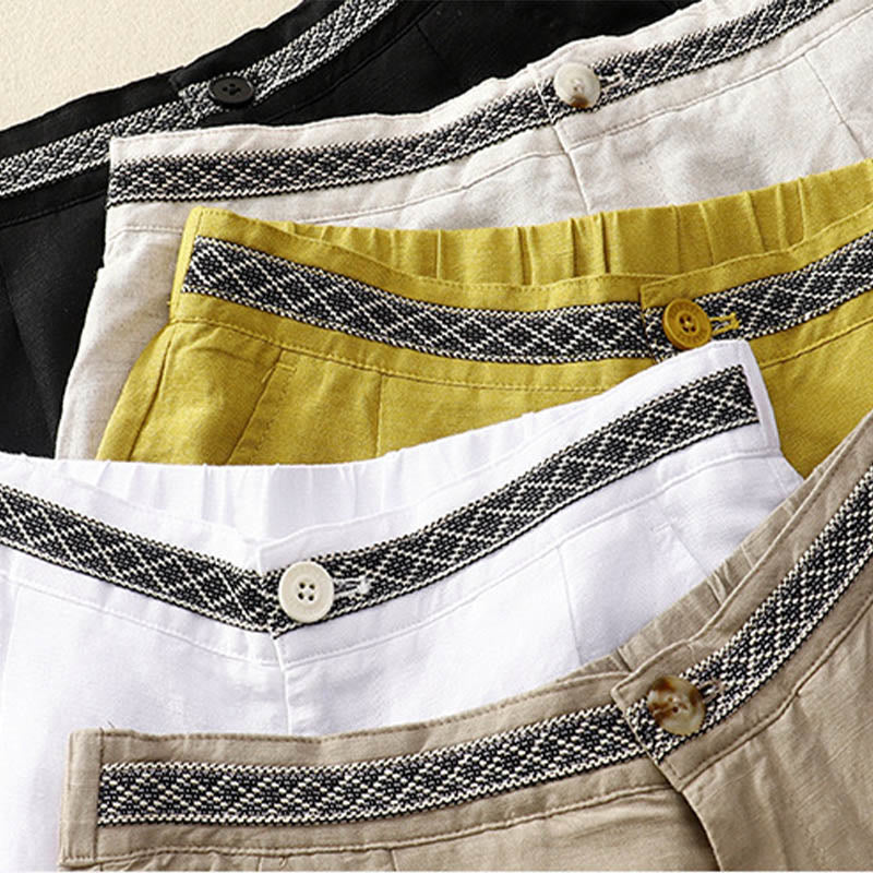 Pantaloni da donna in lino di cotone elasticizzato con tasche, tinta unita, bottoni anteriori e posteriori , Buddha Stones - image 2