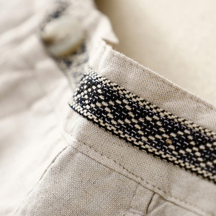 Pantaloni da donna in lino di cotone elasticizzato con tasche, tinta unita, bottoni anteriori e posteriori , Buddha Stones - image 6