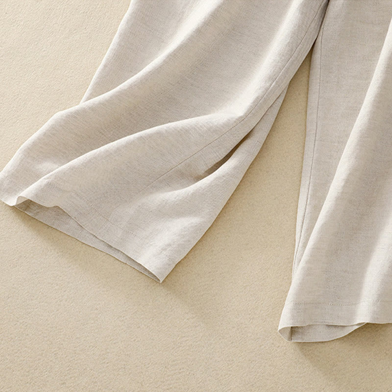 Pantaloni da donna in lino di cotone elasticizzato con tasche, tinta unita, bottoni anteriori e posteriori , Buddha Stones - image 9