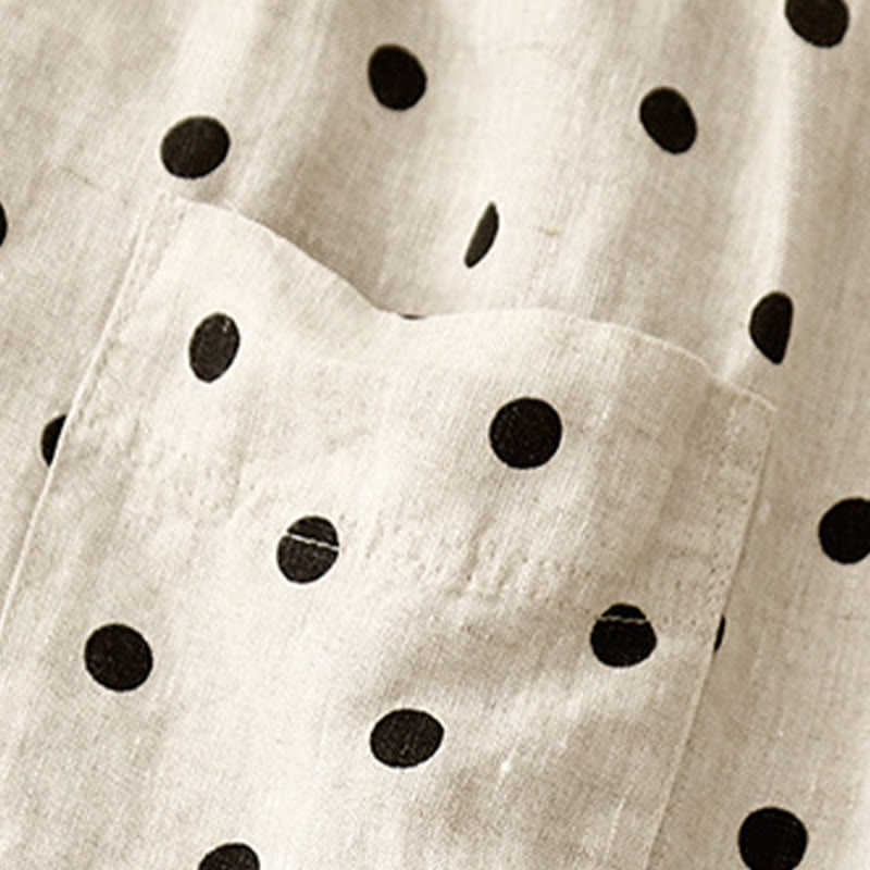 Pantaloni da donna in lino di cotone con coulisse e pois neri casual Buddha Stones con tasche