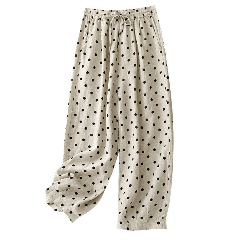 Pantaloni da donna in lino di cotone con coulisse e pois neri casual Buddha Stones con tasche