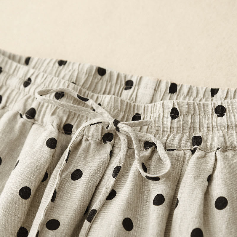 Pantaloni da donna in lino di cotone con coulisse e pois neri casual Buddha Stones con tasche