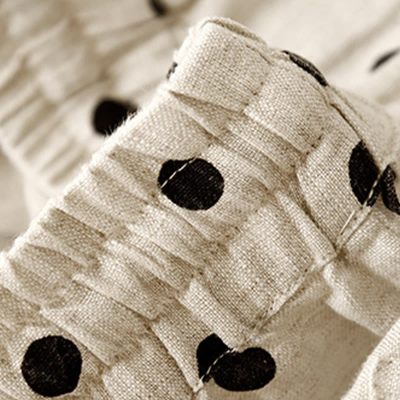 Pantaloni da donna in lino di cotone con coulisse e pois neri casual Buddha Stones con tasche