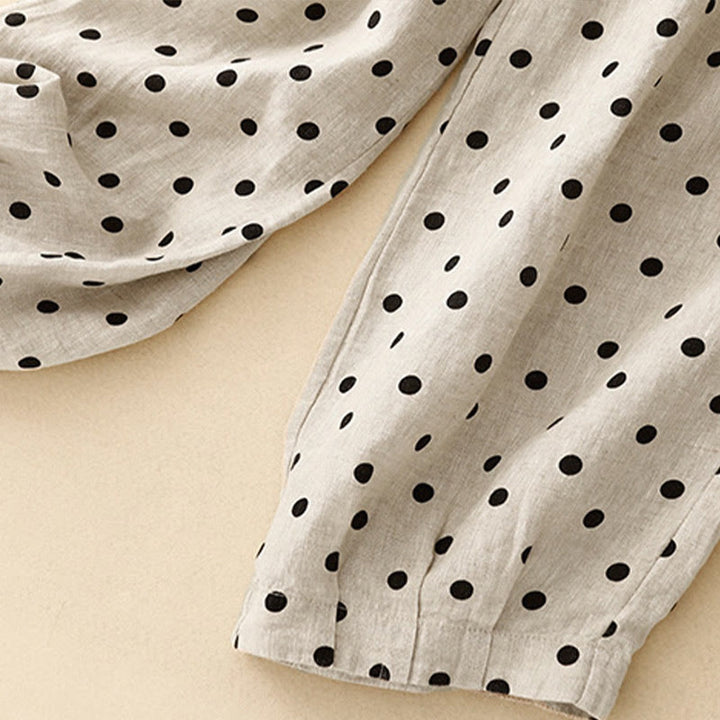 Pantaloni da donna in lino di cotone con coulisse e pois neri casual Buddha Stones con tasche