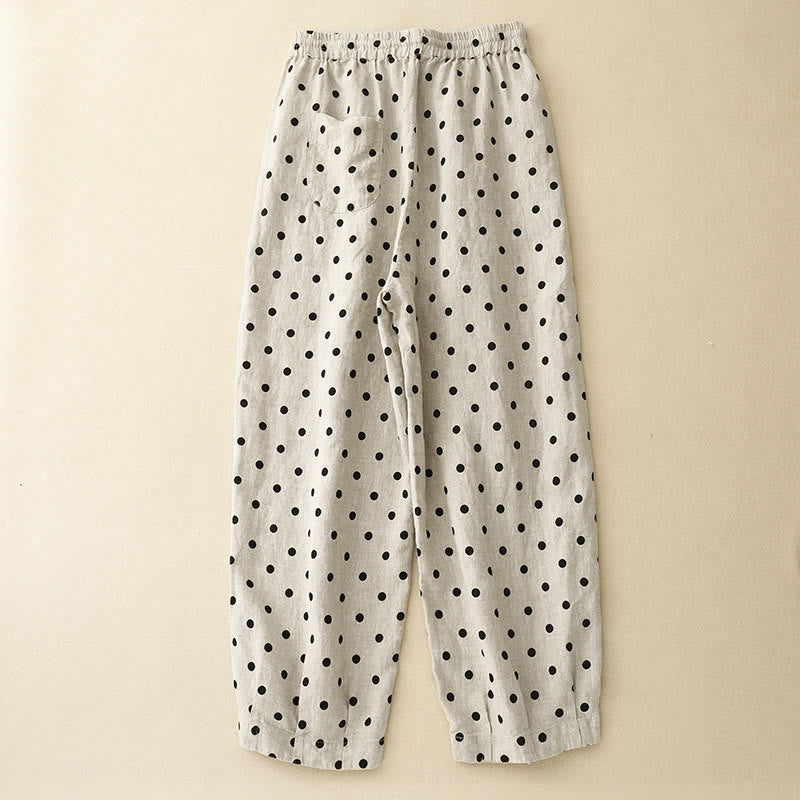 Pantaloni da donna in lino di cotone con coulisse e pois neri casual Buddha Stones con tasche