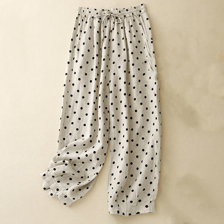 Pantaloni da donna in lino di cotone con coulisse e pois neri casual Buddha Stones con tasche