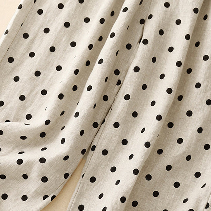 Pantaloni da donna in lino di cotone con coulisse e pois neri casual Buddha Stones con tasche