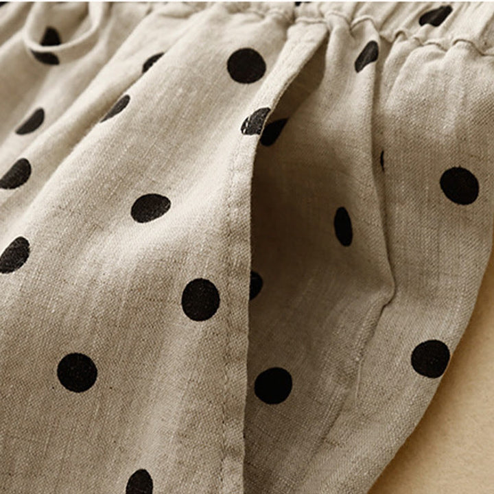 Pantaloni da donna in lino di cotone con coulisse e pois neri casual Buddha Stones con tasche