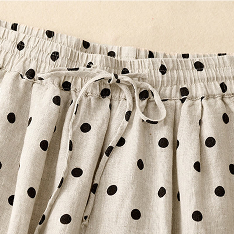 Pantaloni da donna in lino di cotone con coulisse e pois neri casual Buddha Stones con tasche