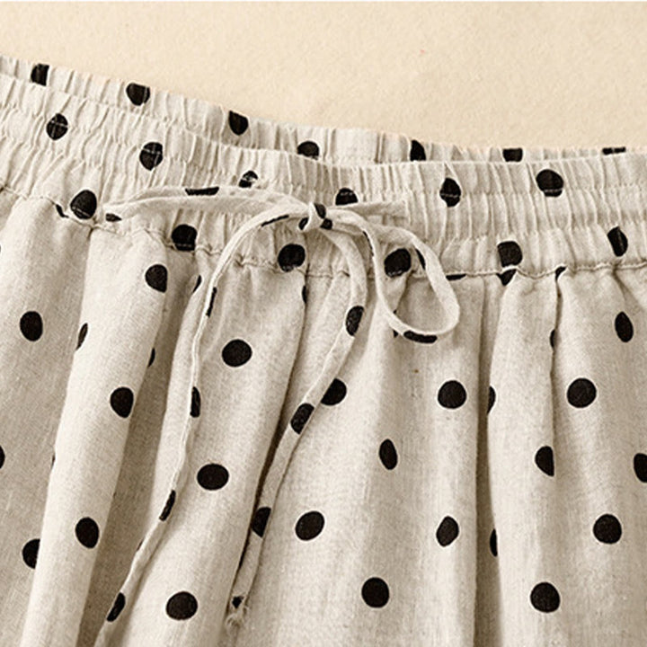 Pantaloni da donna in lino di cotone con coulisse e pois neri casual Buddha Stones con tasche