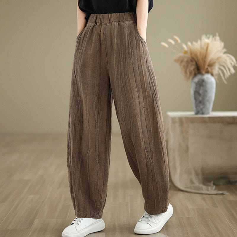 Pantaloni da donna in lino di cotone con tasche, tinta unita, motivo stropicciato, elastico in vita , Buddha Stones - Verga d'oro scura - US8-10, UK/AU12-14, EU40-42 (2XL) - image 0