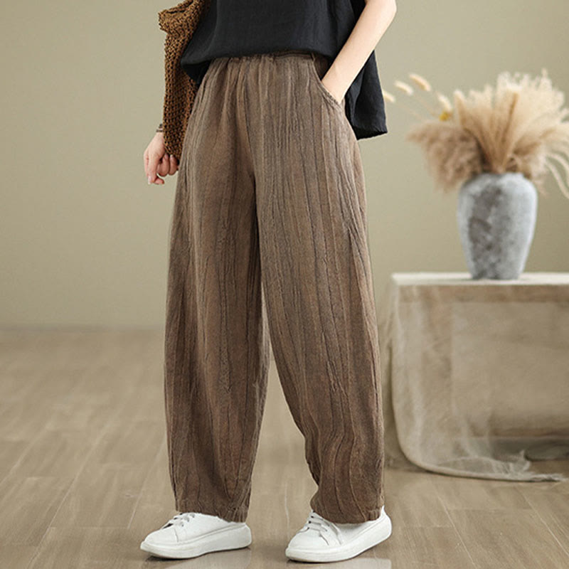 Pantaloni da donna in lino di cotone con tasche, tinta unita, motivo stropicciato, elastico in vita , Buddha Stones - image 1