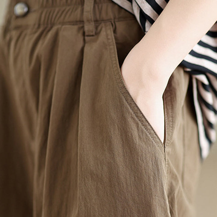 Pantaloni da donna con elastico in vita, casual, tinta unita, con un bottone superiore e tasche , Buddha Stones - image 7