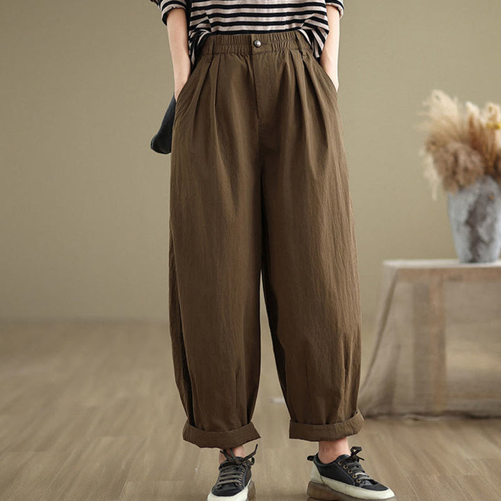 Pantaloni da donna con elastico in vita, casual, tinta unita, con un bottone superiore e tasche , Buddha Stones - image 1