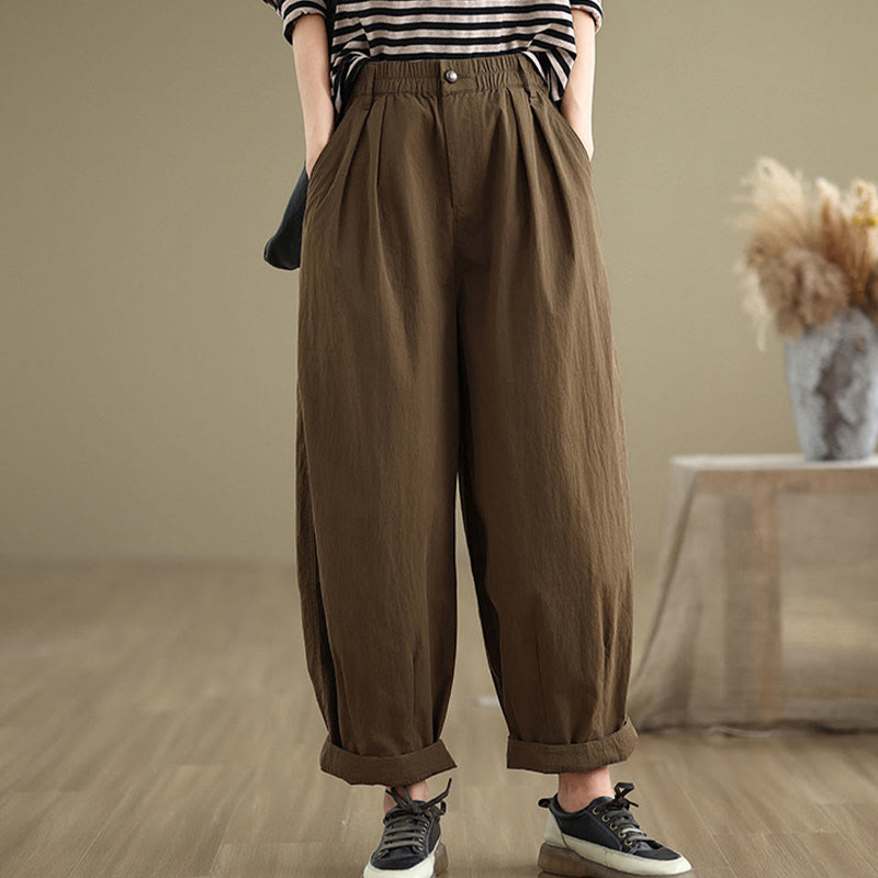 Pantaloni da donna con elastico in vita, casual, tinta unita, con un bottone superiore e tasche , Buddha Stones - image 1
