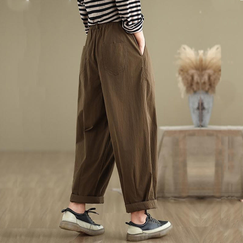 Pantaloni da donna con elastico in vita, casual, tinta unita, con un bottone superiore e tasche , Buddha Stones - image 5