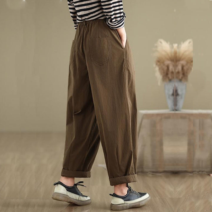 Pantaloni da donna con elastico in vita, casual, tinta unita, con un bottone superiore e tasche , Buddha Stones - image 5