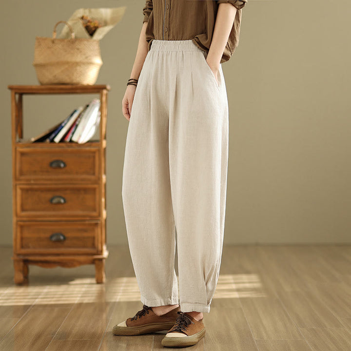 Pantaloni da donna in lino di cotone con tasche, casual, tinta unita, con elastico in vita , Buddha Stones - image 9