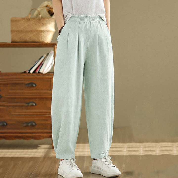Pantaloni da donna in lino di cotone con tasche, casual, tinta unita, con elastico in vita , Buddha Stones - image 29