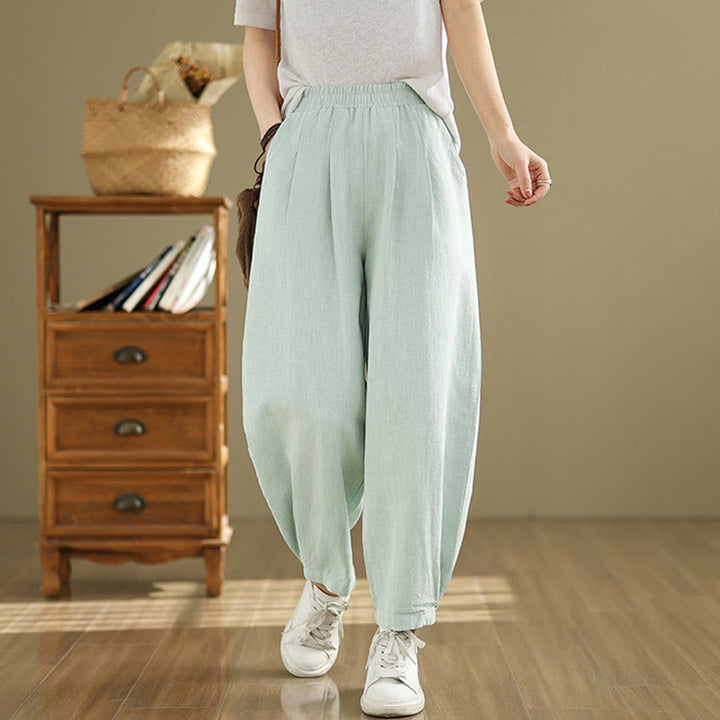 Pantaloni da donna in lino di cotone con tasche, casual, tinta unita, con elastico in vita , Buddha Stones - Verde pallido - US8-10, UK/AU12-14, EU40-42 (2XL) - image 27