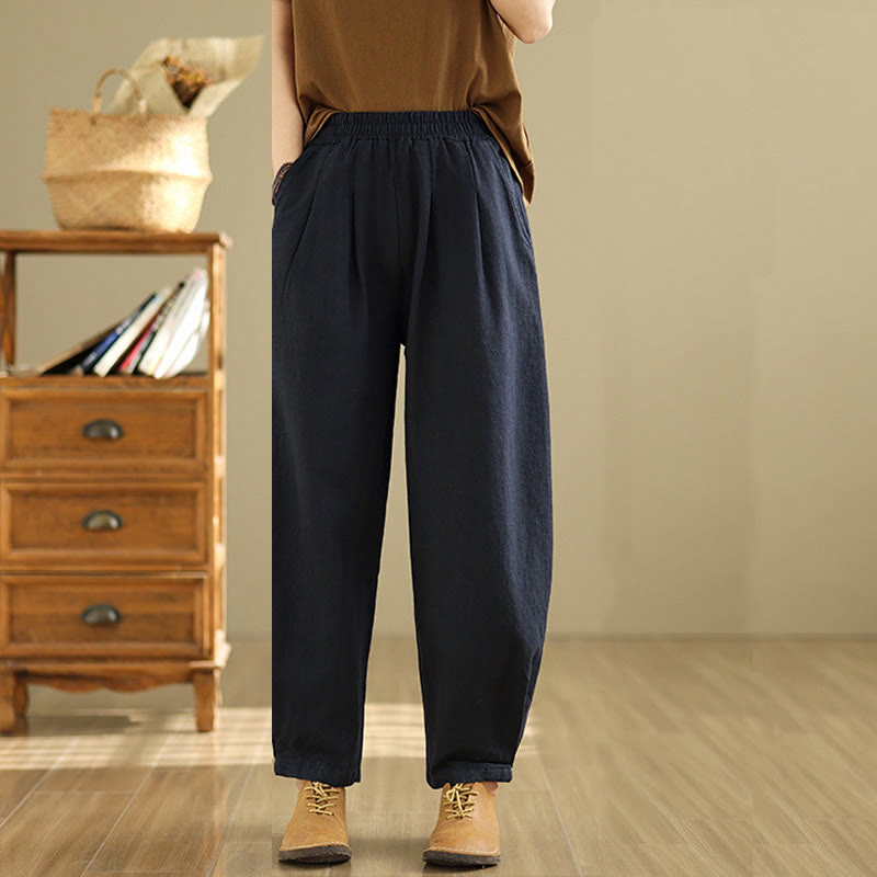 Pantaloni da donna in lino di cotone con tasche, casual, tinta unita, con elastico in vita , Buddha Stones - image 22