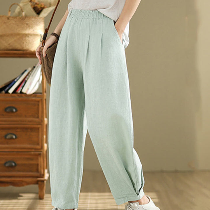 Pantaloni da donna in lino di cotone con tasche, casual, tinta unita, con elastico in vita , Buddha Stones - image 32