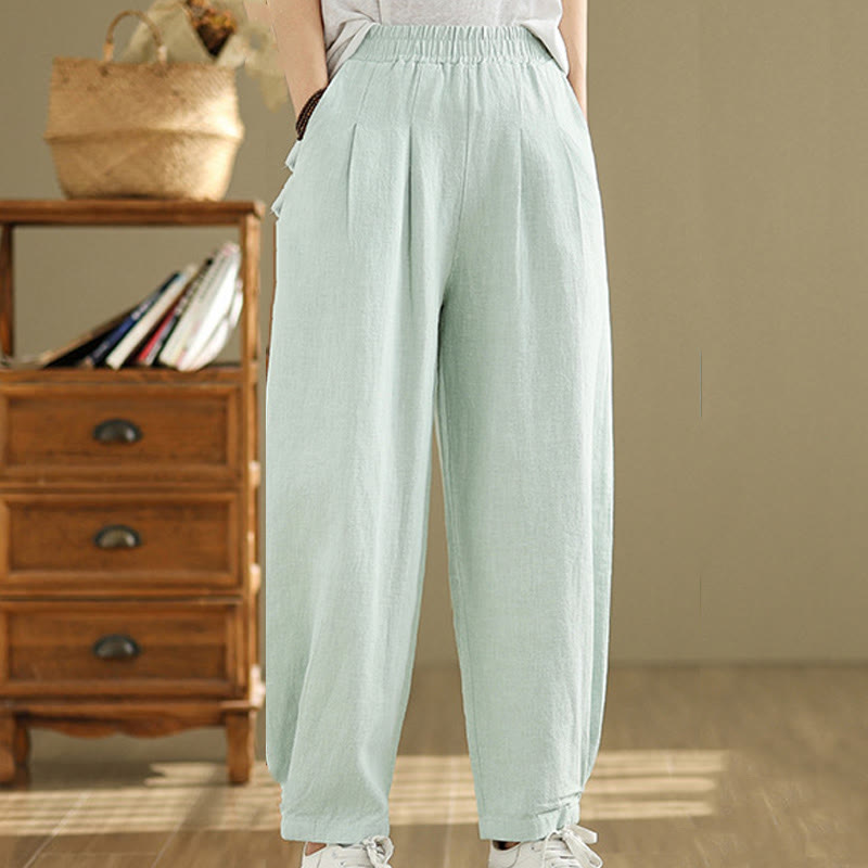 Pantaloni da donna in lino di cotone con tasche, casual, tinta unita, con elastico in vita , Buddha Stones - image 31
