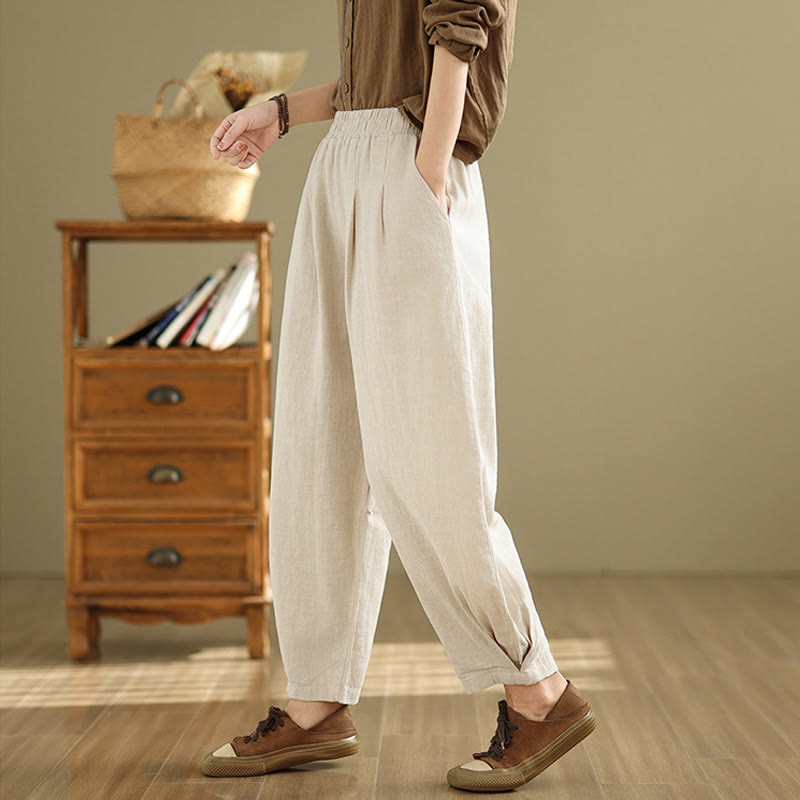 Pantaloni da donna in lino di cotone con tasche, casual, tinta unita, con elastico in vita , Buddha Stones - image 10