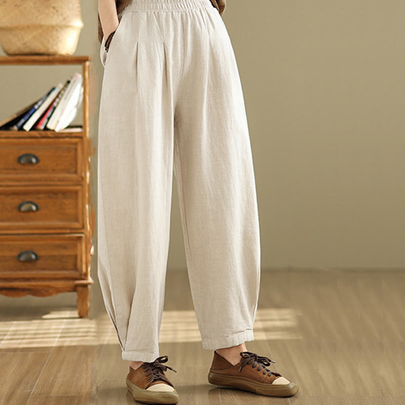 Pantaloni da donna in lino di cotone con tasche, casual, tinta unita, con elastico in vita , Buddha Stones - image 12