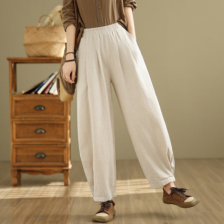 Pantaloni da donna in lino di cotone con tasche, casual, tinta unita, con elastico in vita , Buddha Stones - image 8