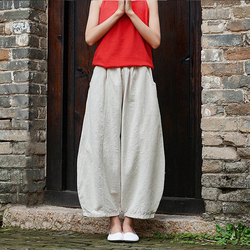 Pantaloni da donna in cotone ramiè con Buddha Stones, casual, tinta unita, con elastico in vita e fodera in pile - image 7