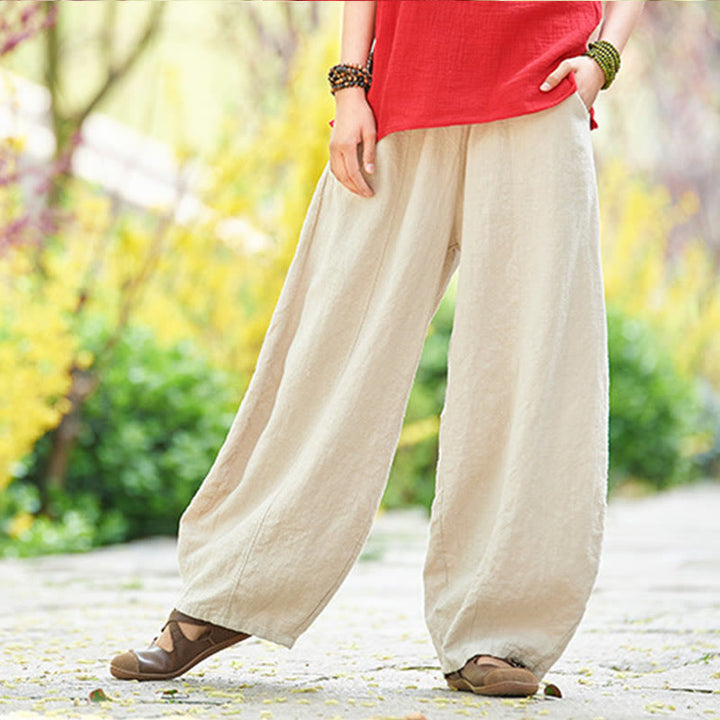 Pantaloni da donna in cotone ramiè con Buddha Stones, casual, tinta unita, con elastico in vita e fodera in pile - image 4