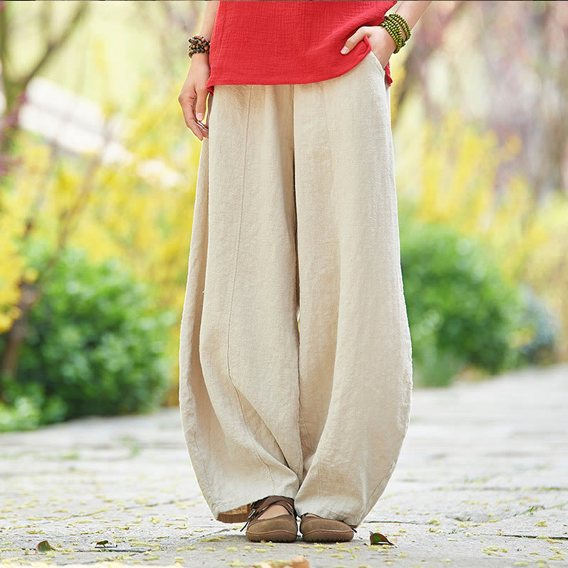 Pantaloni da donna in cotone ramiè con Buddha Stones, casual, tinta unita, con elastico in vita e fodera in pile - Beige - US4, UK/AU8, EU36 (L) - image 1