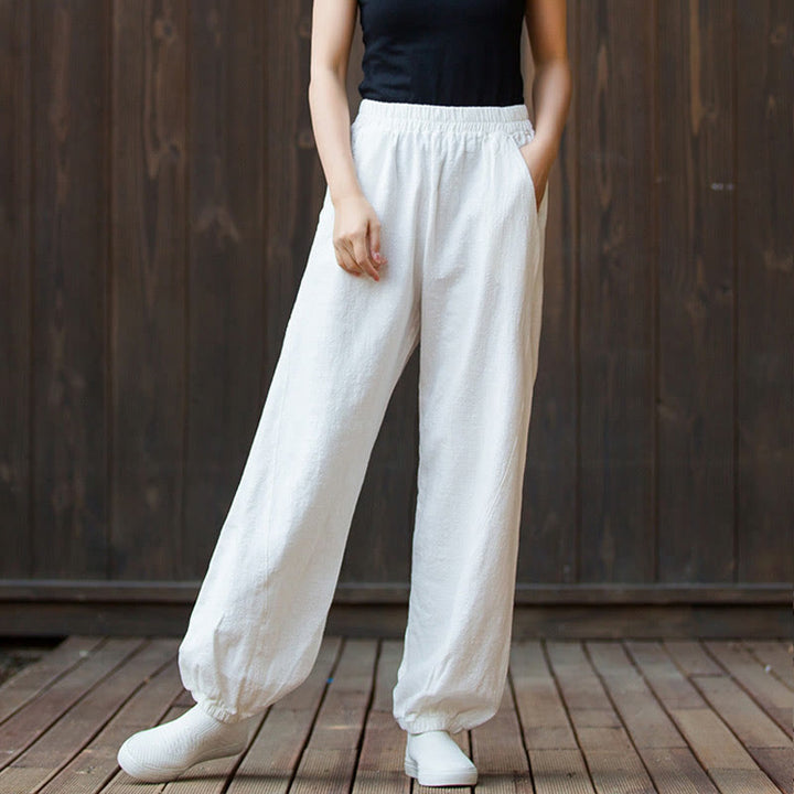 Buddha Stones da donna in cotone ramiè con tasche, casual, tinta unita, a tinta unita, con elastico in vita, a carota - image 10