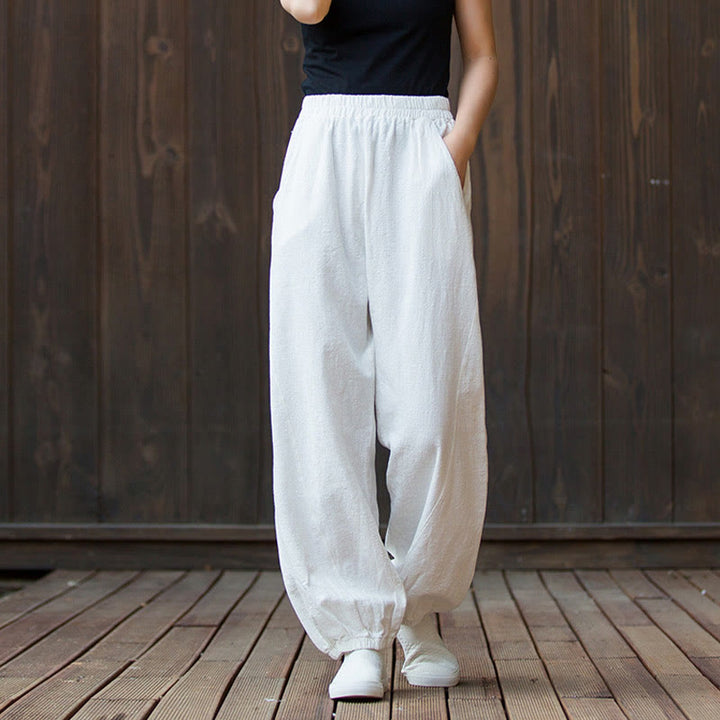 Buddha Stones da donna in cotone ramiè con tasche, casual, tinta unita, a tinta unita, con elastico in vita, a carota - image 9