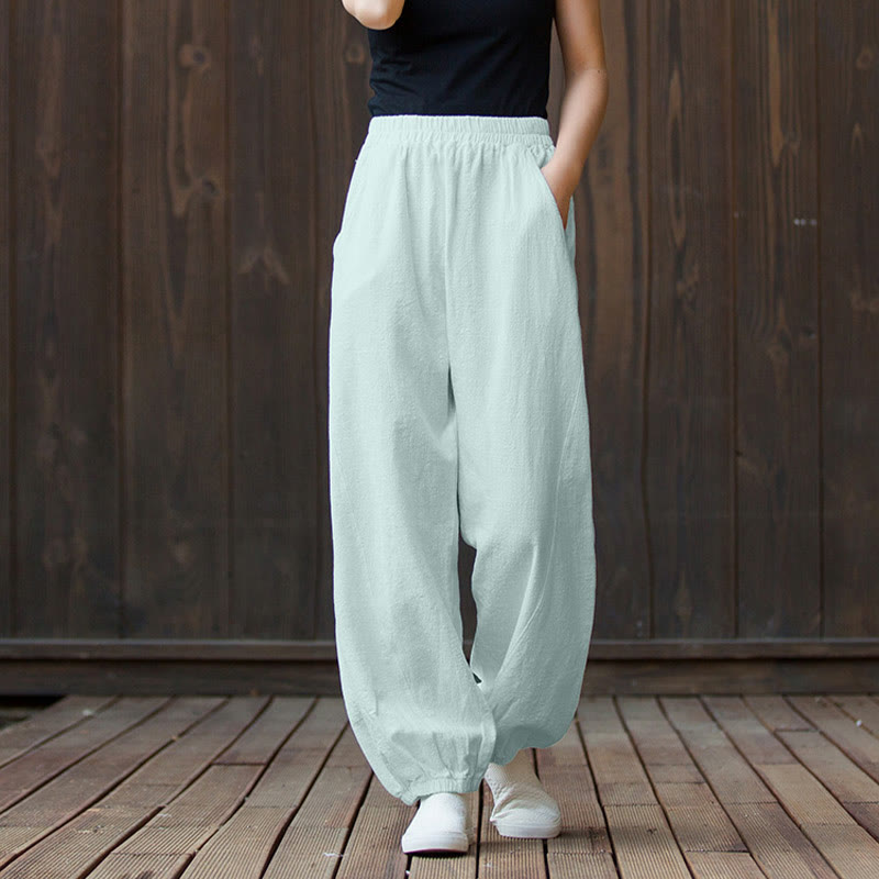 Buddha Stones da donna in cotone ramiè con tasche, casual, tinta unita, a tinta unita, con elastico in vita, a carota - Acquamarina - US4, UK/AU8, EU36 (L) - image 34