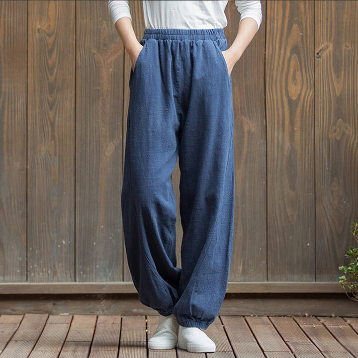 Buddha Stones da donna in cotone ramiè con tasche, casual, tinta unita, a tinta unita, con elastico in vita, a carota - Blu scuro - US4, UK/AU8, EU36 (L) - image 38