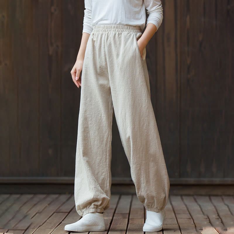 Buddha Stones da donna in cotone ramiè con tasche, casual, tinta unita, a tinta unita, con elastico in vita, a carota - image 19