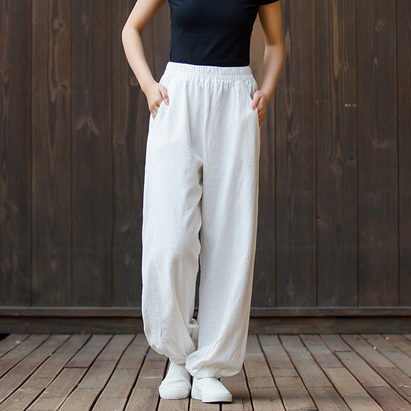 Buddha Stones da donna in cotone ramiè con tasche, casual, tinta unita, a tinta unita, con elastico in vita, a carota - image 8