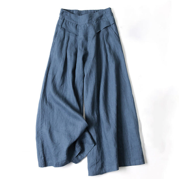 Pantaloni a gamba larga in cotone e lino tinta unita con vita alta e tasche Buddha Stones - SteelBlue - US16, UK/AU20, EU48 (3XL) - image 5