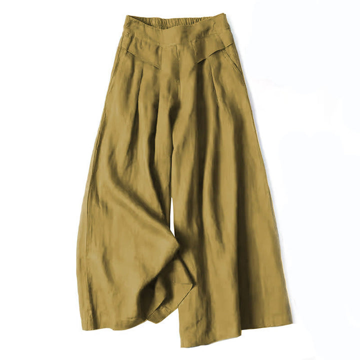 Pantaloni a gamba larga in cotone e lino tinta unita con vita alta e tasche Buddha Stones - Cachi scuro - US16, UK/AU20, EU48 (3XL) - image 9