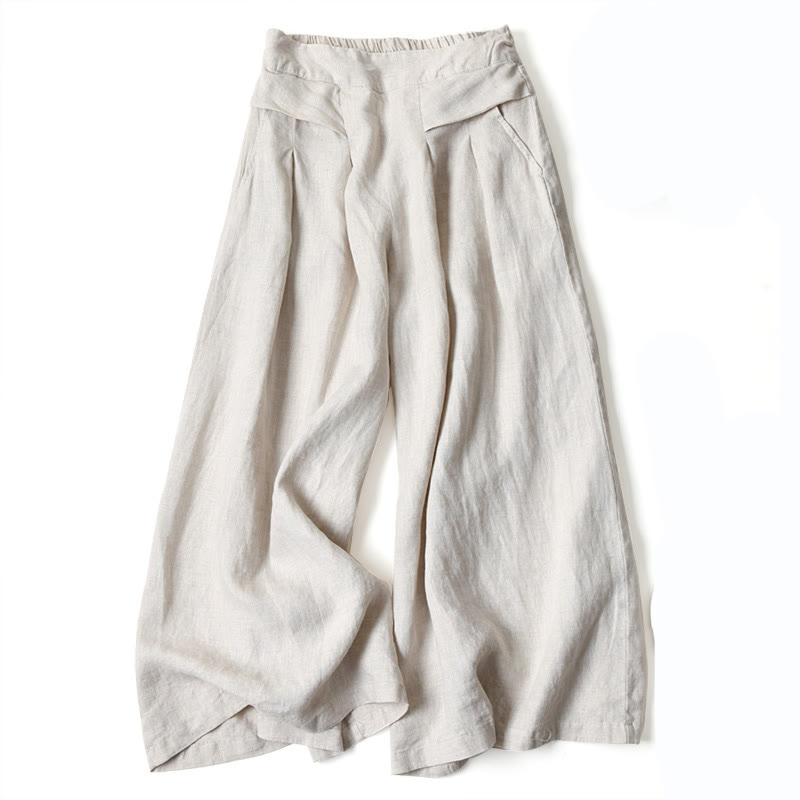 Pantaloni a gamba larga in cotone e lino tinta unita con vita alta e tasche Buddha Stones - Beige - US16, UK/AU20, EU48 (3XL) - image 10