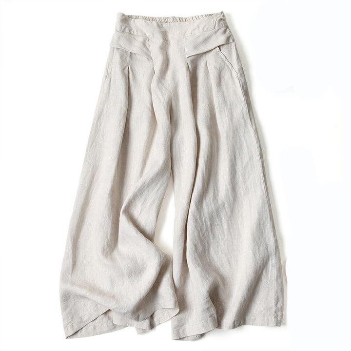 Pantaloni a gamba larga in cotone e lino tinta unita con vita alta e tasche Buddha Stones - Beige - US16, UK/AU20, EU48 (3XL) - image 10