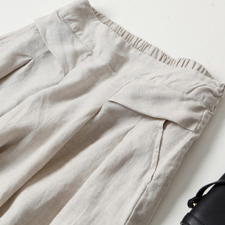 Pantaloni a gamba larga in cotone e lino tinta unita con vita alta e tasche Buddha Stones - image 11