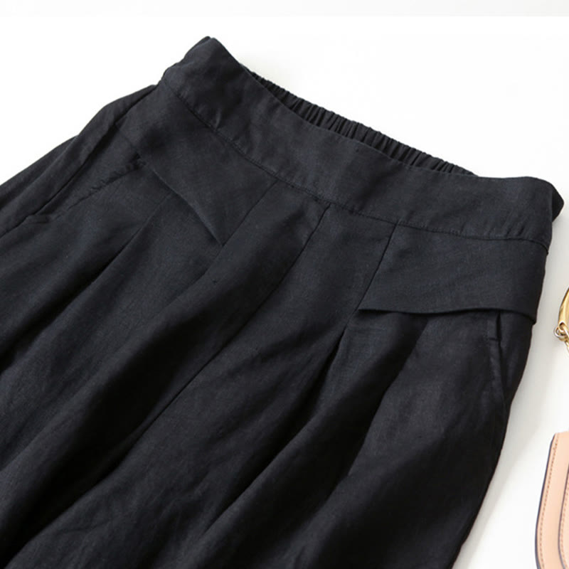 Pantaloni a gamba larga in cotone e lino tinta unita con vita alta e tasche Buddha Stones - image 22