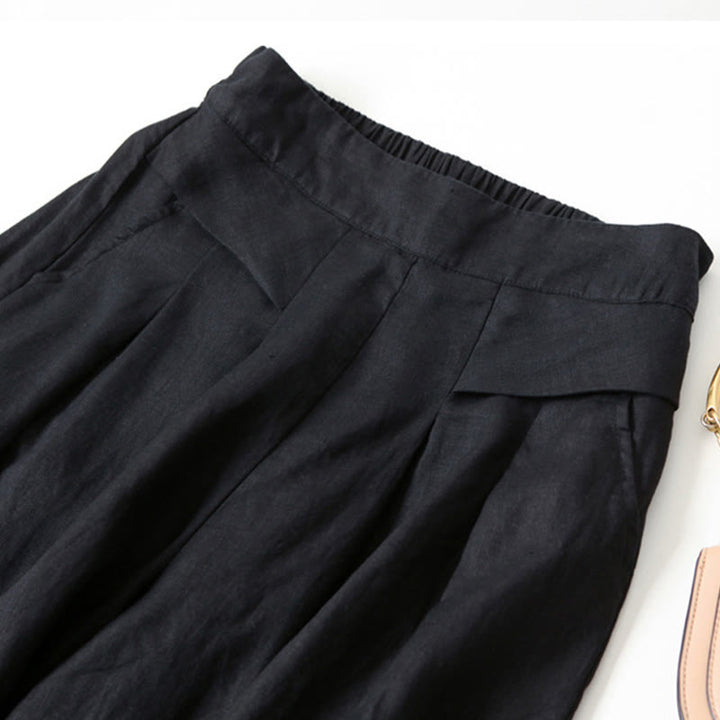 Pantaloni a gamba larga in cotone e lino tinta unita con vita alta e tasche Buddha Stones - image 22