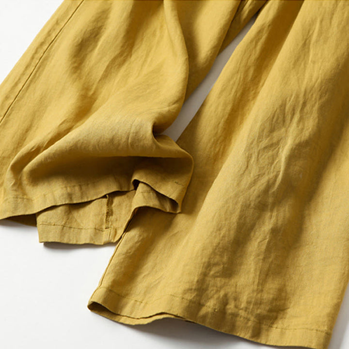 Pantaloni a gamba larga in cotone e lino tinta unita con vita alta e tasche Buddha Stones - image 3