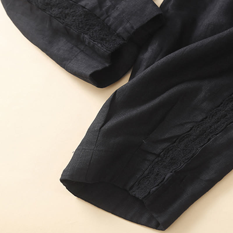 Pantaloni da donna in lino con tasche e ricamo floreale tinta unita Buddha Stones