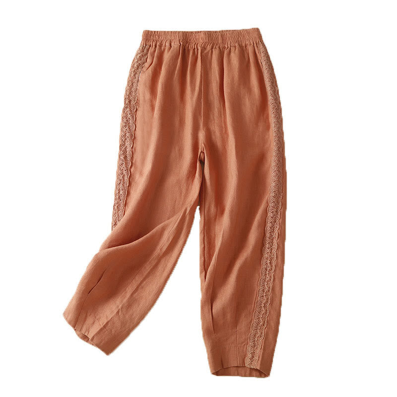 Pantaloni da donna in lino con tasche e ricamo floreale tinta unita Buddha Stones