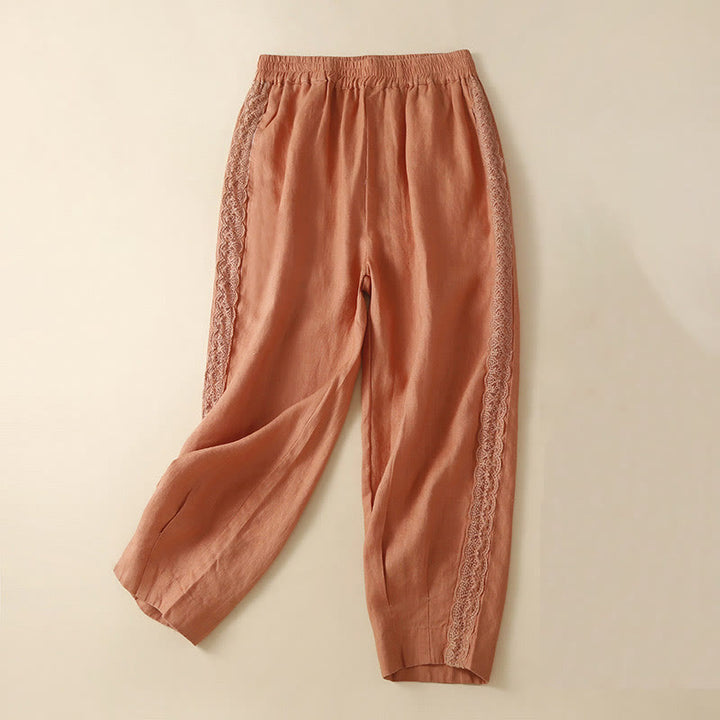 Pantaloni da donna in lino con tasche e ricamo floreale tinta unita Buddha Stones